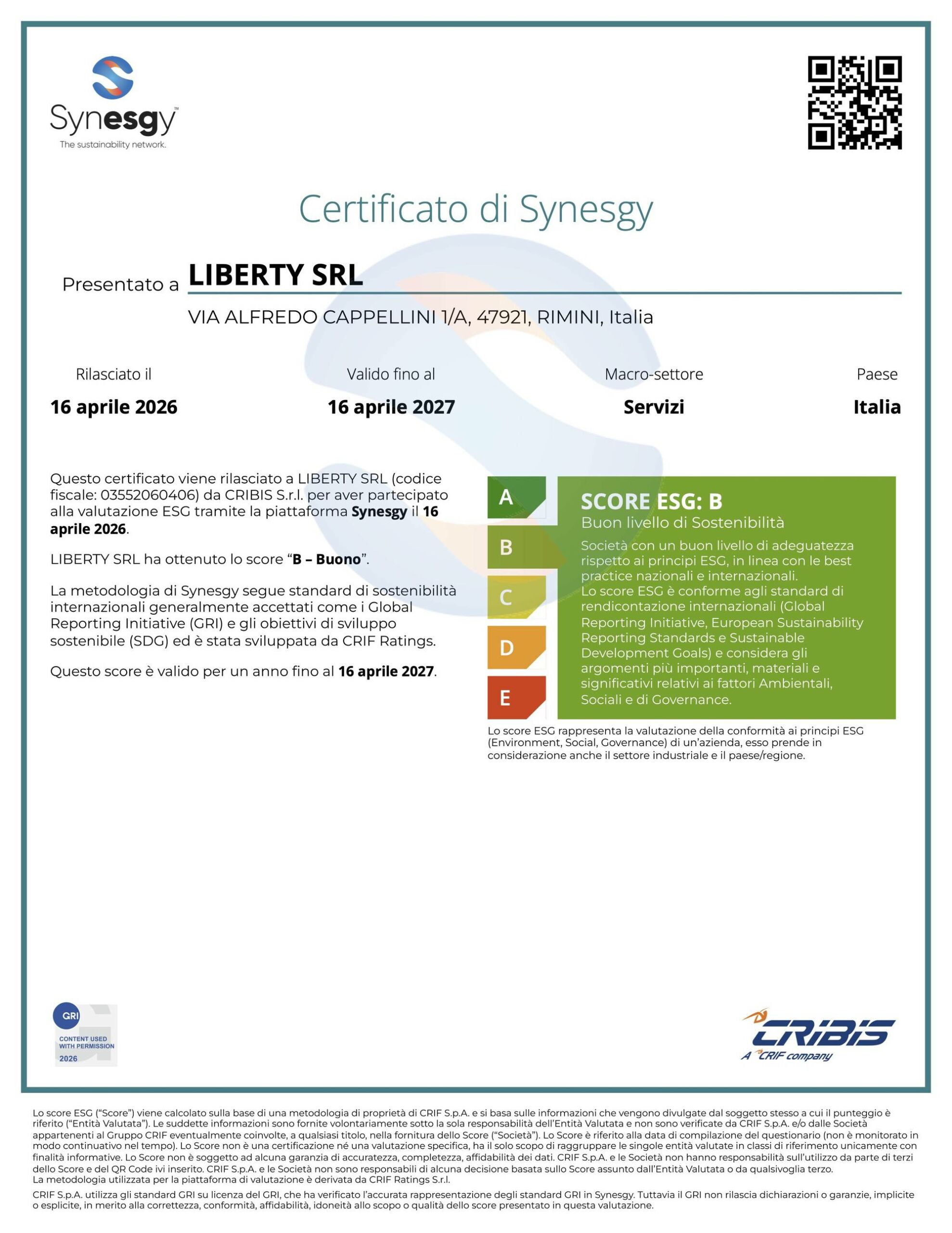 Certificato ESG B Hotel Milton